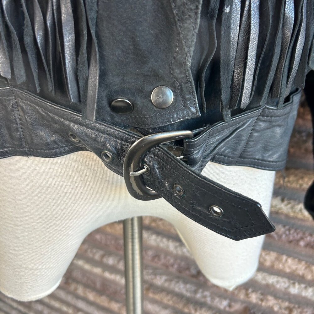 Winlit Vintage 80s Western Cowgirl Jacket Black Leather With Fringe - Picture 10 of 13